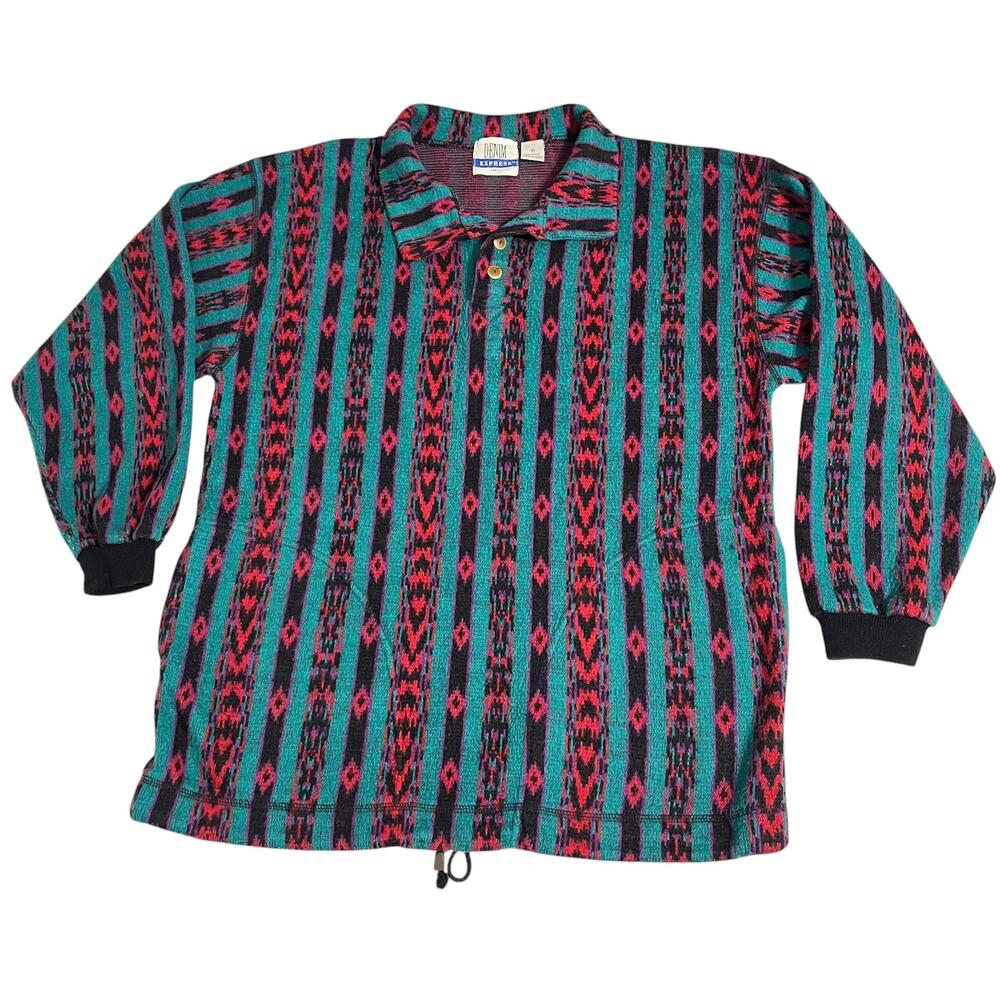 Vintage Denim Express Aztec Sweater Anorak Serape Western Henley Pullover 80s